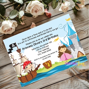 Printed 5X7, Princess and Pirate Birthday Invitation, Printed Princess Pirate Birthday Invitation, Princess Pirate, envelopes included