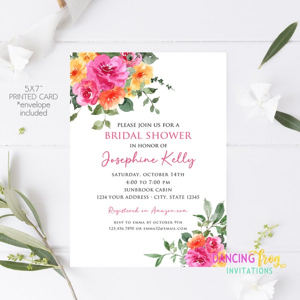 Printed Watercolor Greenery Floral Bridal Shower Invitations, Spring Bridal Shower Invitation, Summer, Bright Floral, 5X7" with envelopes