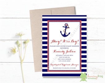 Custom Printed Nautical Baby Shower Invitation - Anchor, Ahoy It's a Boy, Printed Nautical Baby Shower Invitation with envelopes