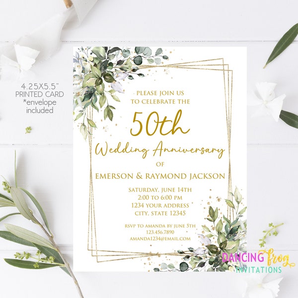 PRINTED 4.25X5.5 - 50th Anniversary Invitation, Greenery Wedding Anniversary Invite, Wedding Anniversary Invitation, envelope included