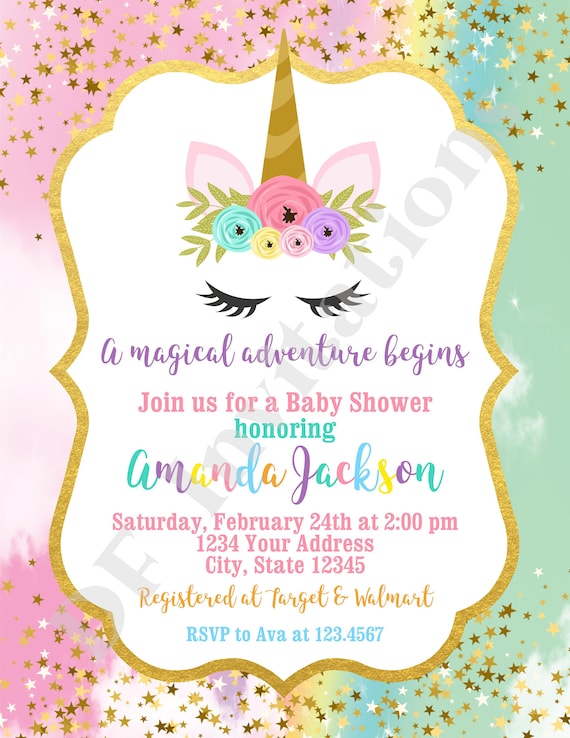 custom printed 4.25x5.5" unicorn baby shower invitations, unicorn face,  unicorn shower, invitation, envelopes included