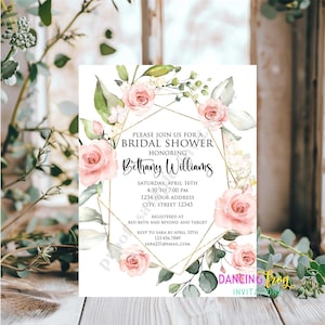 PRINTED 4.25X5.5, Blush Pink Floral Bridal Shower invitation, Pink Floral Bridal Shower Invitation, Pink Gold, envelopes included
