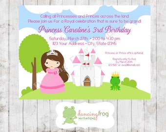 Brunette or Blonde Princess and Frog Birthday Invitation - Custom Printed Princess and Frog Birthday Invitation -by Dancing Frog Invitations