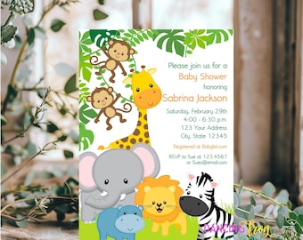 Printed 5X7, Jungle Baby Shower Invitations, Safari, Wild Animals, Giraffe Monkey Elephant Lion Zebra Hippo, with envelopes