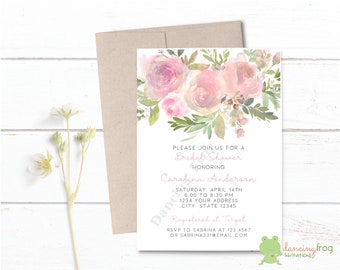 Custom Printed 5X7" Watercolor Pink Floral Bridal Shower Invitations, Floral Pink Bridal Shower Invitation, white or kraft envelopes