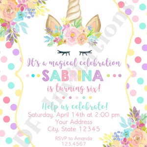 Custom Printed 4.25X5.5 Unicorn Birthday Invitations, Unicorn Face, Unicorn Birthday Party, Invitation, White or Kraft envelopes included image 2