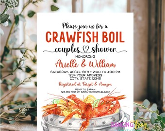May include: A white invitation card with red text that reads "Please join us for a Crawfish Boil couples shower honoring Arielle & William". The invitation includes the date, time, and address for the event. The card also includes a watercolor illustration of a pot of crawfish.