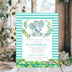 Printed 4.25X5.5,  Elephant Baby Shower Invitation, Teal Elephant Baby Shower Invitation, Baby Elephant, Baby Shower, Envelopes included