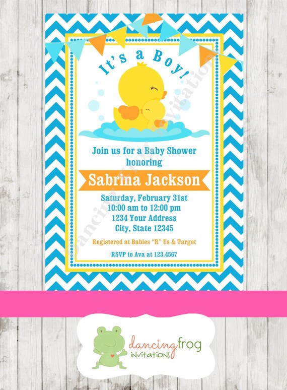 Rubber Duck Baby Shower Invitation - Printed Duckie Baby Shower Invitation by Dancing Frog Invitations