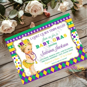 PRINTED, Mardi Gras Baby Shower Invitations, Mardi Gras Baby Girl, Laissez les bon temps rouler, 5X7 envelope included