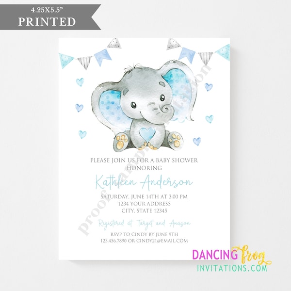 Printed Elephant Baby Shower Invitation, Blue Elephant Baby Shower Invitations, Watercolor, Printed 4.25X5.5", envelopes included