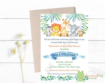 Custom Printed 5X7" Watercolor Wild Animals, Jungle, Safari, Boy, Girl, or Gender Neutral Baby Shower Invitations, kraft or white envelopes