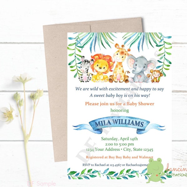 Custom Printed 5X7" Watercolor Wild Animals, Jungle, Safari, Boy, Girl, or Gender Neutral Baby Shower Invitations, kraft or white envelopes