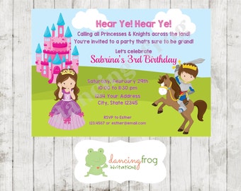 May include: A princess and knight themed birthday party invitation with a pink castle, a princess in a purple dress, and a knight riding a brown horse. The invitation includes the text "Hear Ye! Hear Ye! Calling all Princesses & Knights across the land! You're invited to a party that's sure to be grand! Let's celebrate Sabrina's 3rd Birthday. Saturday, February 29th 10:00 to 11:30 pm 1234 Your Address City, State 12345 RSVP to Esther 123.4567 or esther@email.com".