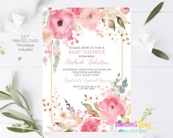 Printed Pink Floral Baby Shower Invitation - Pink Floral Baby - Girl Baby Shower Invitation - 5X7" - Envelopes Included