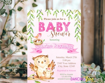 May include: Pink and green baby shower invitation with an illustration of two owls and a bird in a nest. The text reads "Please join us for a Baby Shower honoring Sabrina Reynolds".
