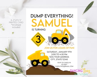 PRINTED 4.25X5.5" Dump Truck Birthday Invitation, Construction Birthday Invitation, envelopes included