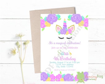 Custom Printed 5X7" Watercolor Unicorn Birthday Invitation, Unicorn Face, Unicorn Floral Invitations, kraft or white envelopes