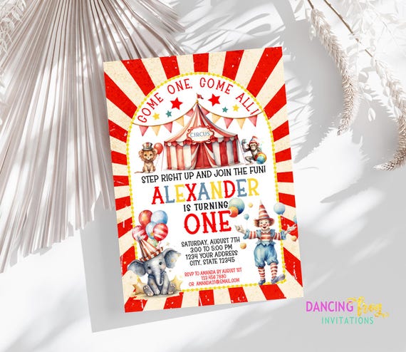Printed 5X7, Carnival Circus Invitation, Carnival Birthday Party Invitation, Circus Party Invite, Carnival Invitation, with envelopes