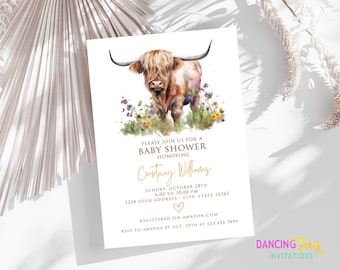 Printed Highland Cow Baby Shower Invitations, Highland Cow Baby Shower, Cow baby shower, Watercolor Cow Baby Shower Invitation 5X7"