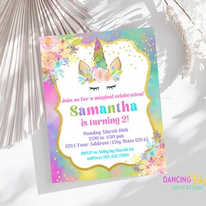 Printed 4.25X5.5, Unicorn Birthday Invitations, Floral Unicorn Face, Unicorn Party, Printed Unicorn Birthday Invitation, envelopes included