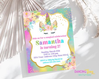Printed 4.25X5.5, Unicorn Birthday Invitations, Floral Unicorn Face, Unicorn Party, Printed Unicorn Birthday Invitation, envelopes included
