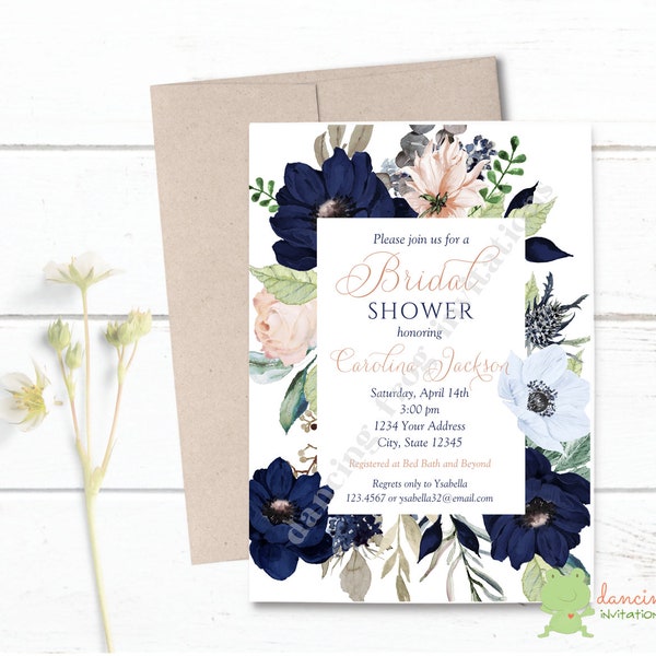 Custom Printed 5X7" Watercolor Navy Blue Floral Bridal Shower Invitations, Blue Floral Bridal Shower Invitation, white or kraft envelopes