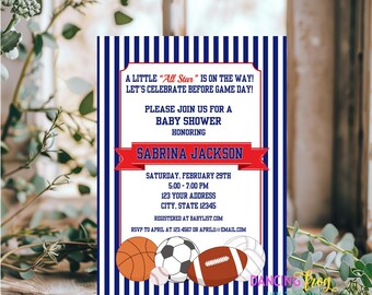 Printed 5X7, Sports All Star Baby Shower Invitations , Printed Sports Baby Shower Invitation, Football Basketball Soccer Baseball, envelopes