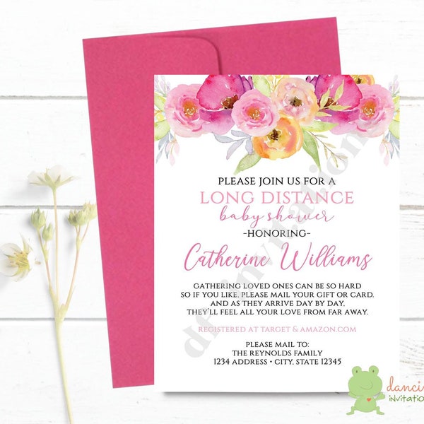 Custom Printed 4.25X5.5" Watercolor Pink Floral Baby Shower, Shower by Mail, Long distance baby shower, Invitations, envelopes included