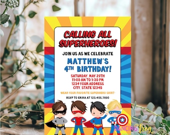 Printed 5X7, Superhero Birthday Invitation, Superhero Birthday, Calling all superheroes, Boy Superhero Party, with envelopes