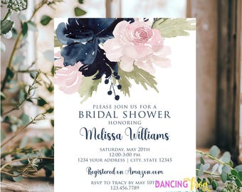 PRINTED 4.25X5.5, Navy and Pink Floral Bridal Shower invitation, Blush Pink Floral, Navy Floral Bridal Shower Invitation, envelope included
