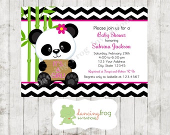 May include: A baby shower invitation with a black and white chevron pattern background. A cartoon panda bear holding a sign that says "It's a Girl!" is in the center of the invitation. The invitation text includes the name Sabrina Jackson, the date and time of the shower, and the address. The text also says "Registered at Target and Babies "R" Us" and "Regrets only to Isabelle at 123.4567".
