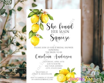 Printed 5X7", Watercolor Lemon, Main Squeeze, Lemon Bridal Shower Invitations, Lemon Bridal Shower Invitation, with envelopes