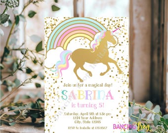 Printed 5X7, Unicorn Birthday Invitations, Printed Unicorn Rainbow Birthday Invitation, Unicorn Birthday Party Invite, with envelopes