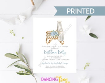 Simple Boho Baby Shower invitation, Baby Boho, Bassinet, Blue Boho Baby Shower Invitation, 4.25X5.5 Printed invitation, envelope included