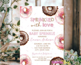 Printed 5X7, Donut Baby Sprinkle Invitations, Sprinkled with love, Girl Baby Sprinkle Invitations, Confetti Baby Shower, envelopes included