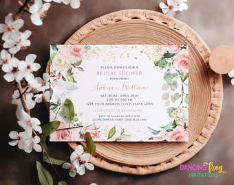 Printed/Shipped 5X7, Greenery Floral Bridal Shower Invitation, Blush Pink, Gold, Eucalyptus Floral Bridal Shower Invitation, Bridal Shower