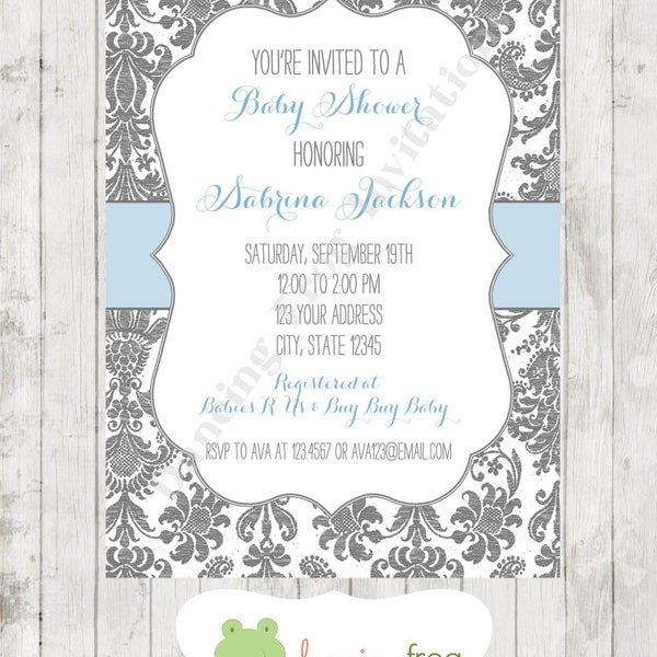 Damask Gray and Blue Baby Shower Invitation - Printed Damask Baby Shower Invitation by Dancing Frog Invitations