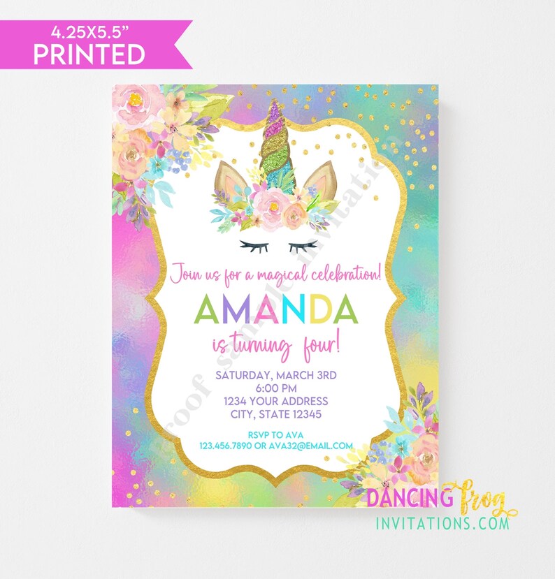 Custom Printed 4.25X5.5 Unicorn Birthday Invitations, Unicorn Face, Unicorn Party, Invitation, envelopes included image 3