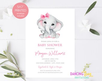 Printed Elephant Baby Shower Invitation, Girl, Pink, Simple Elephant Baby Shower Invitations, envelopes included