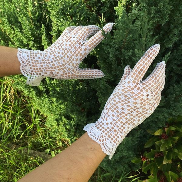 Paire de gants au crochet blancs élégants, petit, moyen, 100 % coton