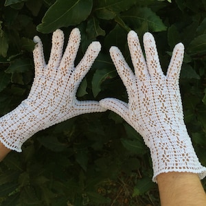 Elegant White Crochet Gloves, Pair, Small Medium Size, 100% Cotton image 1