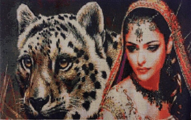 Beautiful Indian Girl With White Tiger Painting Mosaic Free Uk Delivery Handmade From 1000s Of Pieces