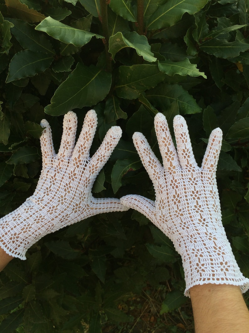 Elegant White Crochet Gloves, Pair, Small Medium Size, 100% Cotton image 1