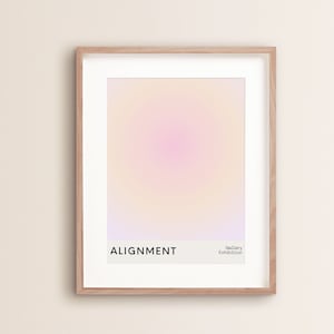 May include: A framed wall art print featuring a soft, circular gradient of pastel pink, peach, and lavender colors. The bottom of the print displays the text ALIGNMENT in bold black letters, followed by the smaller text Gallery Exhibition.