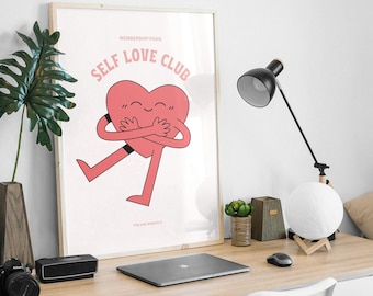 Self Love Club, Retro Wall Art, Aesthetic Poster, Digital Download Print, Positivity Prints, Downloadable Prints, Selfhealjourney