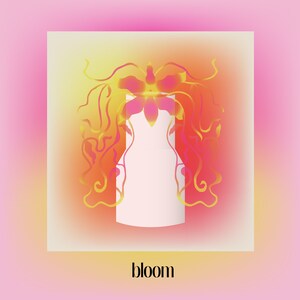 May include: A white vase with a central cylindrical body and a flared top, adorned with a symmetrical, flowing graphic of orange, yellow, and pink floral tendrils and a central flower bloom. The word bloom is printed in black below the vase.