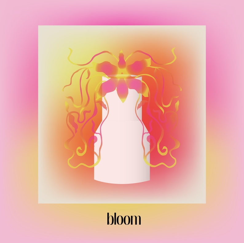 May include: A white vase with a central cylindrical body and a flared top, adorned with a symmetrical, flowing graphic of orange, yellow, and pink floral tendrils and a central flower bloom. The word bloom is printed in black below the vase.