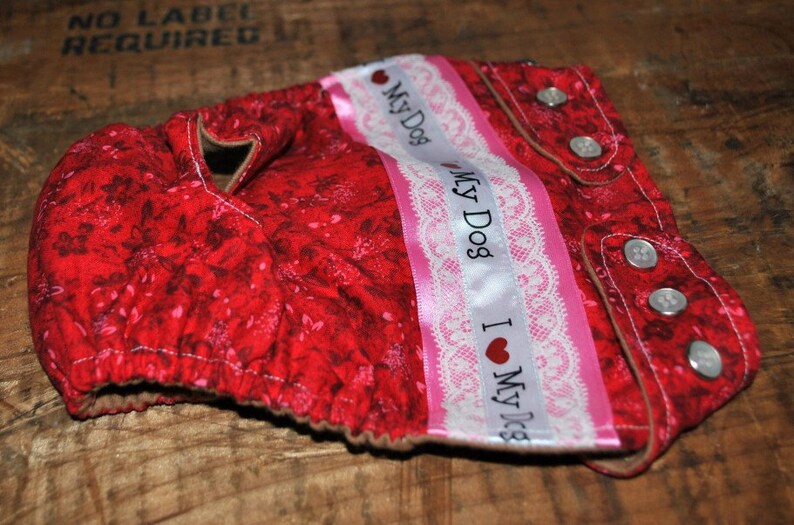 Dog diaper. In season diaper. Dog panty. Red Floral I Love My Dog Dog Diaper. Medium image 3