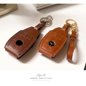 Premium leather key cover for Mercedes-Benz keys incl. keyring hook +  leather keychain (LEK66-M9)